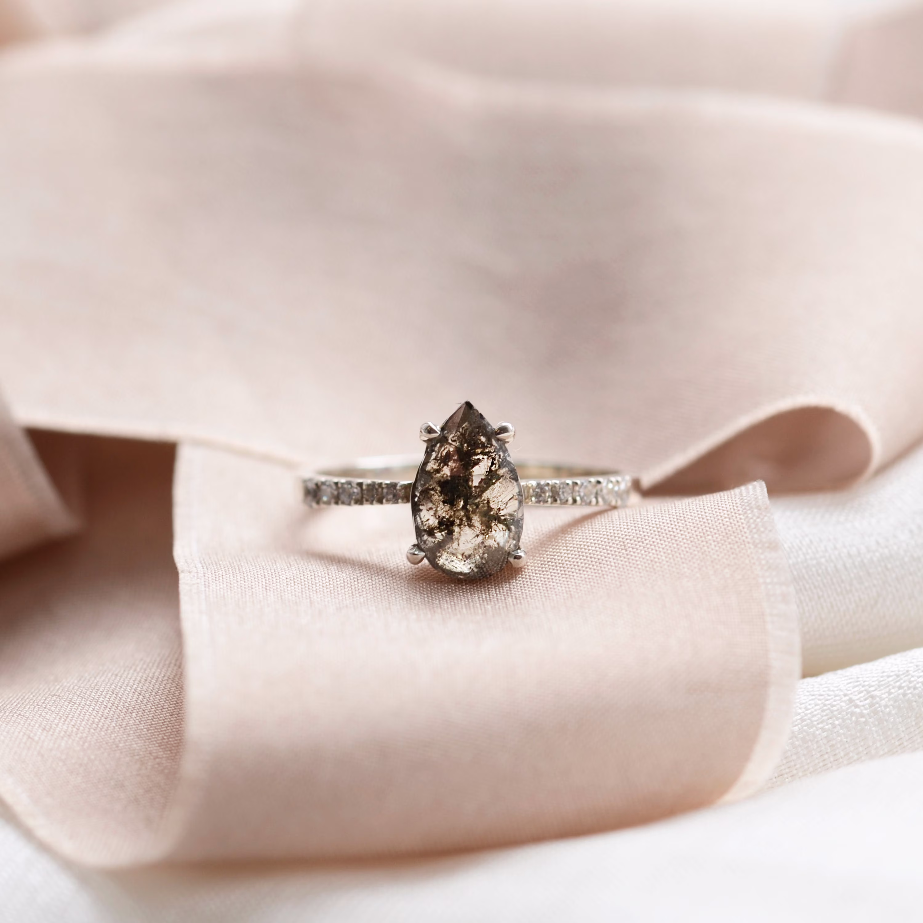 Gray Pear Diamond Ring, 14K White Gold Salt & Pepper Engagement Rose Cut Ring