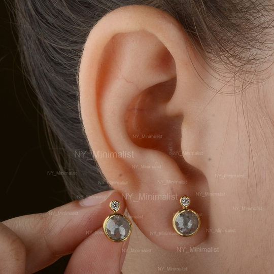 Minimalist Round Salt & Pepper Diamond Solid 14K Yellow Gold Delicate Stud Earrings, Rough Earlobe Earrings