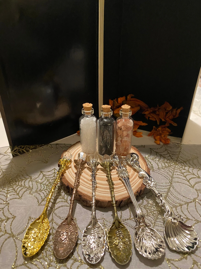 Mini Altar Spoon & Salt Set | Black Salt, Pink Himalayan Sea Salt -Spells, Rituals, Herbs Spoon-Witch Spoon - Apothecary Spoon