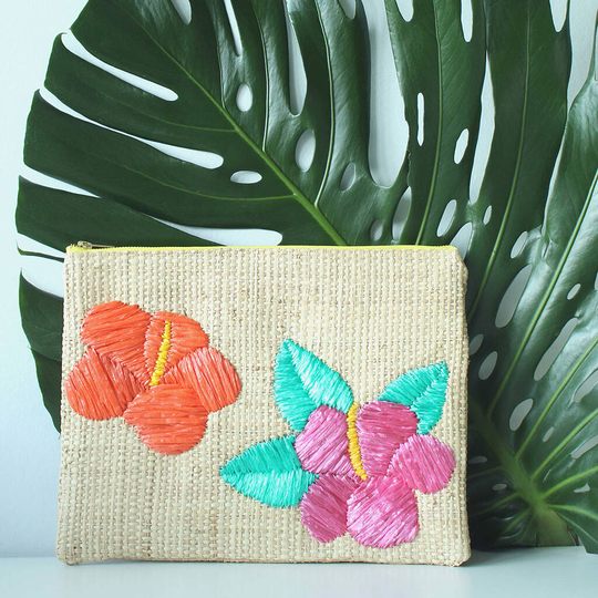 Hand Embroidered Raffia Pouch Bag Hibiscus Flowers