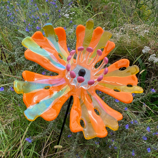 Organic Fused Glass Flower Sculpture Orange & Yellow Variation