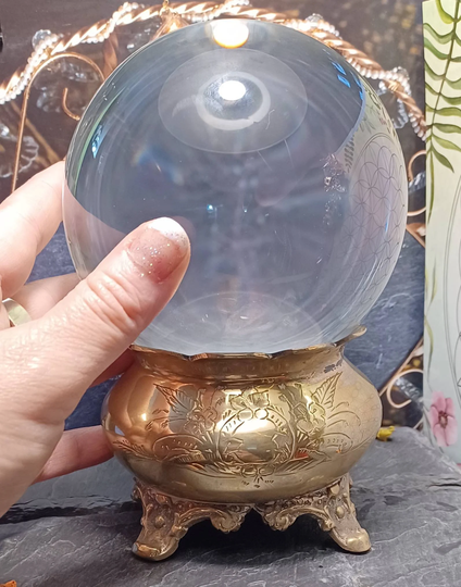 Large Vintage Crystal Ball, Glass, & Brass Stand, Circa 1970's Circumference 13 Inches - 34.cm