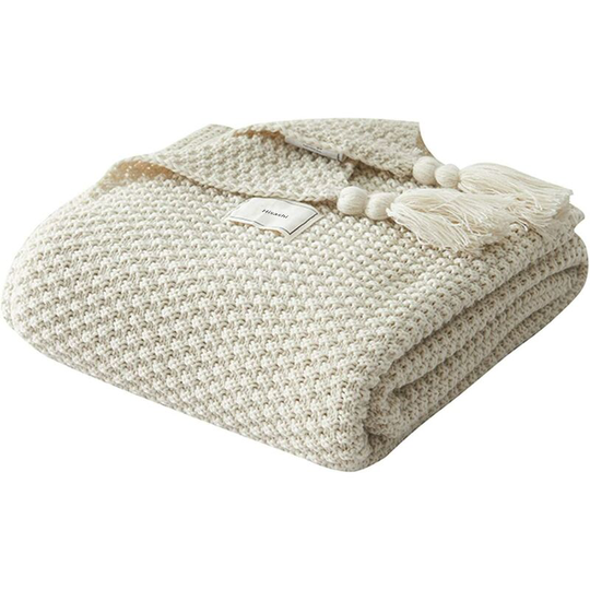 Osqi - Knit Blanket Plaids Sofa Bedspread Table Mat Soft Warm Nordic Bed Throws with Handmade Fringe for Beach Picnic All Seasons (Beige,130 x 170cm)