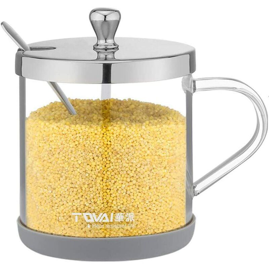 Glass Spice Jar with Lid, Seasoning Box with Spoons for Herbs, Salt, Pepper, Sugar, 350ml - Readcly