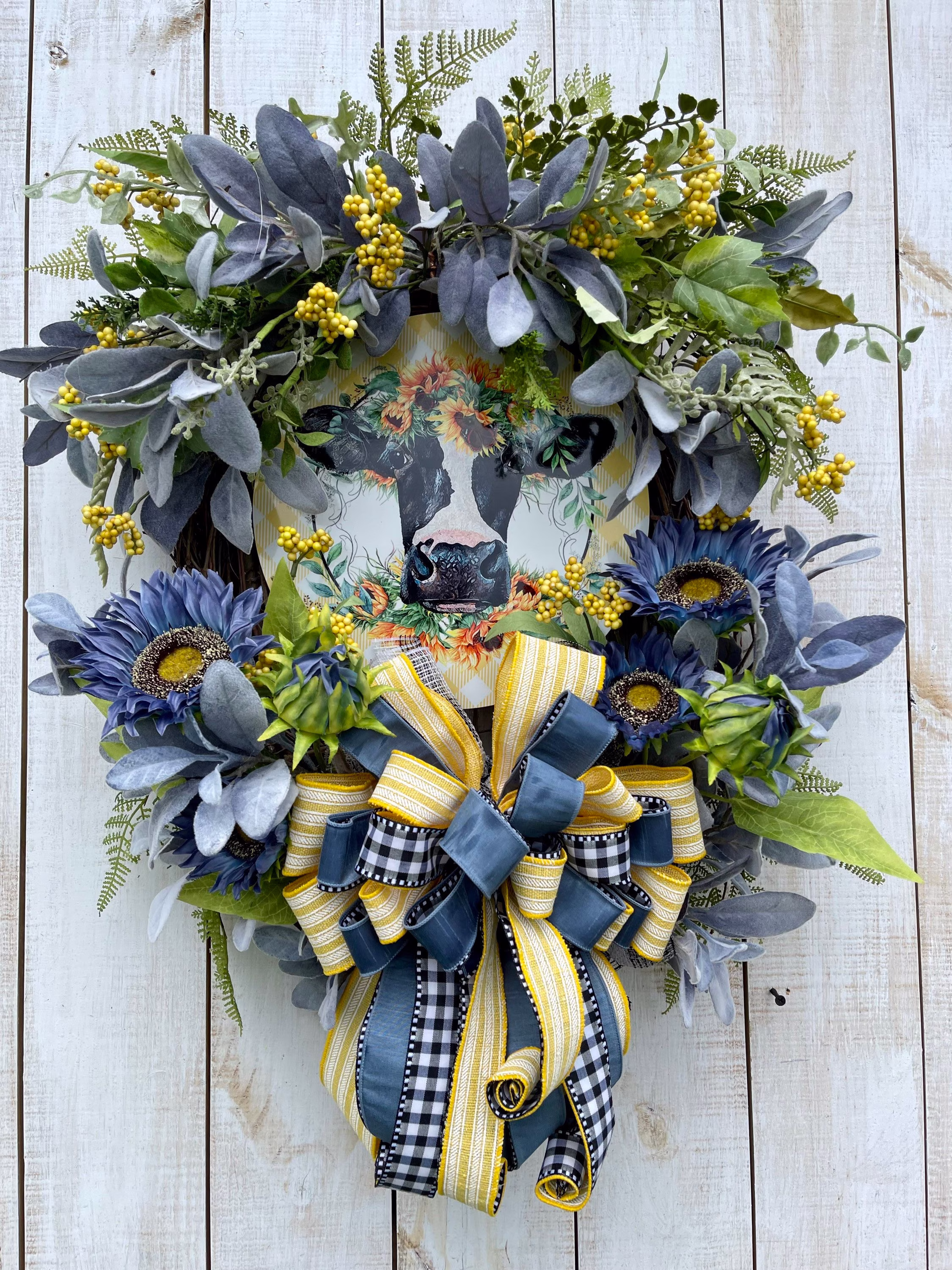 Cow Sunflower Blue Yellow Farmhouse Everyday All Season Summer Spring Wreath, For Front Door Porch Entrance Wall Hanging Home Decor Or Gift