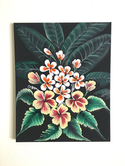 Hawaiian Flowers - Island Vibes, Romantic Plumerias, Yellow Hibiscus Hand Painted On Stretched Canvas