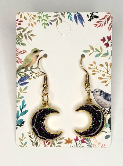 Black Halloween Moon Glitter Resin Earrings With Purple & Green Glitter, Seasonal Gift, Birthday Christmas Resin