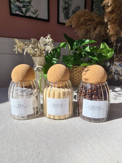 Set Of 3 500Ml Ribbed Glass Jar Cork Ball Lid Stopper Tea Coffee Sugar Salt Pepper Canisters Homewares Kitchen Pantry Organise Masons Jars