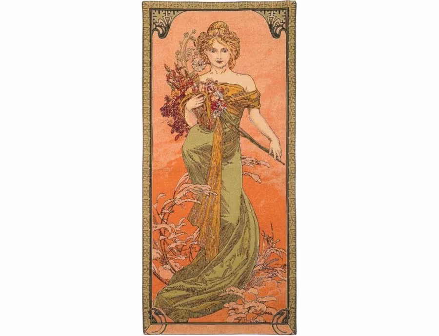 Alphonse Mucha Seasons Printemps Spring, Hand Finished Belgian Tapestry Wall Hanging, Fully Lined With Rod Sleeve, 60" X 26