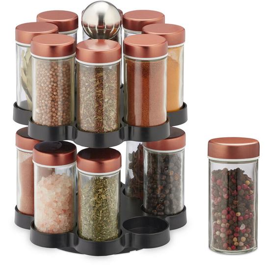 Spice Rack, 16 Glass Jars, Rotatable, Stainless Steel, h x d: approx. 25 x 17 cm, Copper/Silver/Black - Relaxdays