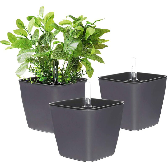 Einemgeld - 13.5CM Self Watering Plastic Flower Pot with Water Level Indicator - Set of 3 Grey, Pot for Succulent Cactus Herb Planter Container,