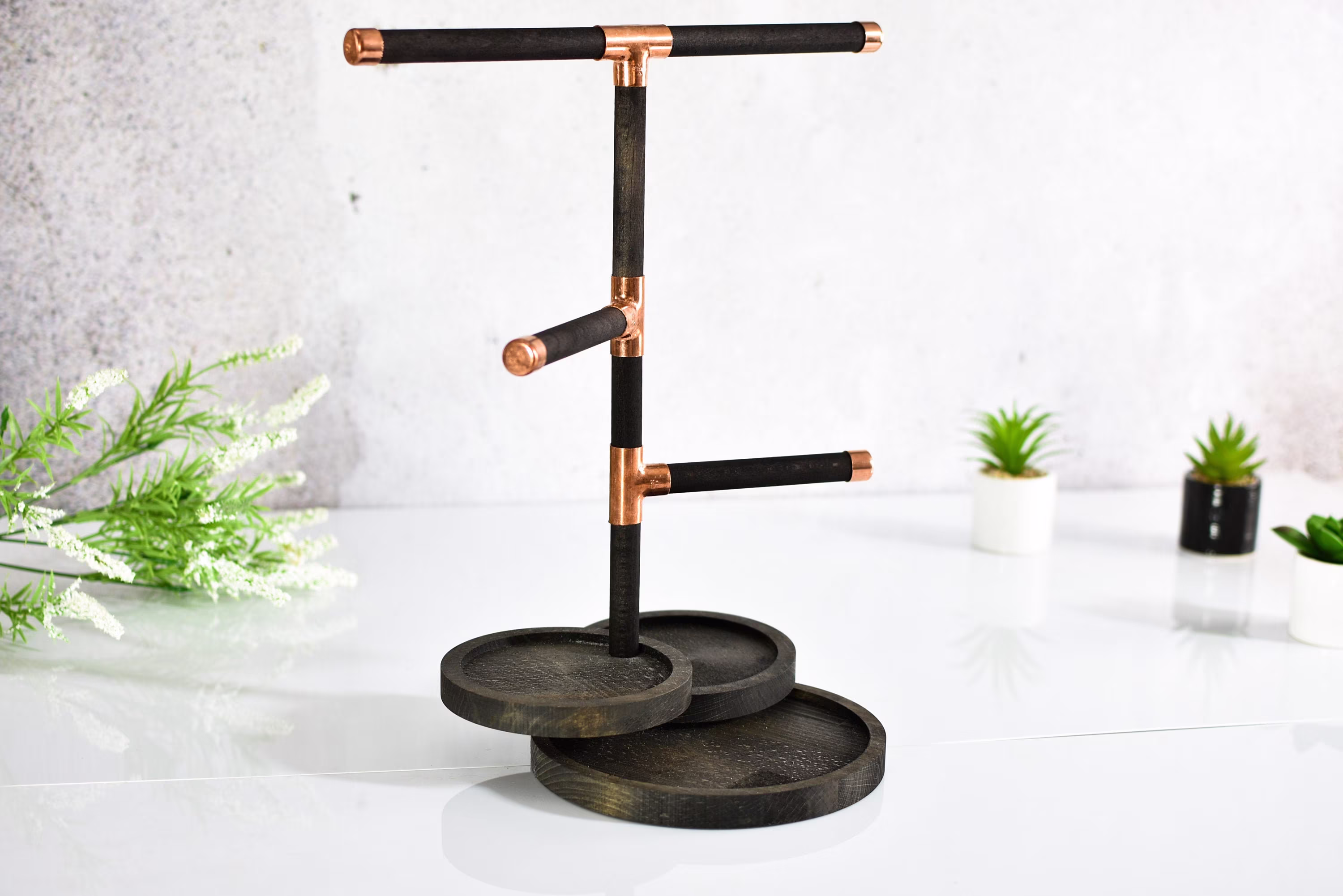 Copper & Wood Jewelry Organizer Watch Stand Rack , Bracelet Base, Wooden Holder Dock Tray Sunglasses Glasses Ring Neck-Chain