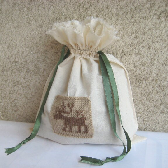 Deer Drawstring Bag, Canvas Pouch, Rustic Linen Gift Knit Deer Ornament, Reusable Earth Natural Tones, Christmas Idea