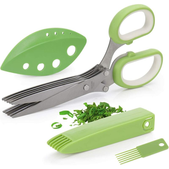 Cutting Shears with Stainless Steel 5 Blades, Safety Cover and Cleaning Comb (Green White)