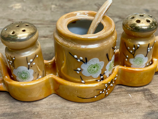 Art Deco Cherry Blossom Lusterware Condiment Set Marked With Lovely Old Hand-Painted Nippon Stamps