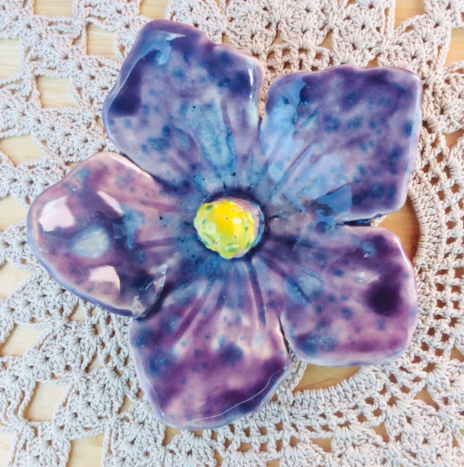 Blue Hibiscus Ring Dish - Purple Flower Catcher & White Ceramic Holder Handbuilt Earthenware Jewellery