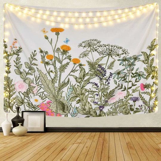 Colorful Floral Plants Tapestry, Vintage Herbs Tapestry, Wall Hanging Nature Scenery Tapestry
