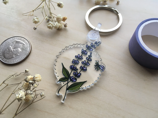 Keychain Lavender & Bee Clear Acrylic Charm Floral Botanical Keyring Cute Keyholder