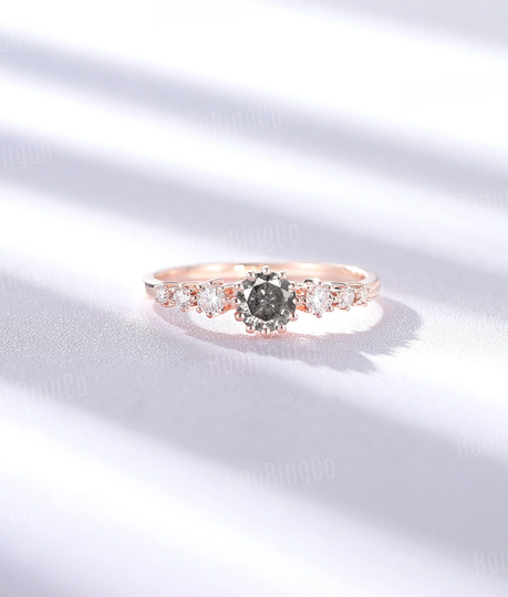 Salt & Pepper Diamond Engagement Ring Art Deco Rose Gold Vintage Unique Moissanite/Diamond Round Cut Anniversary Promise