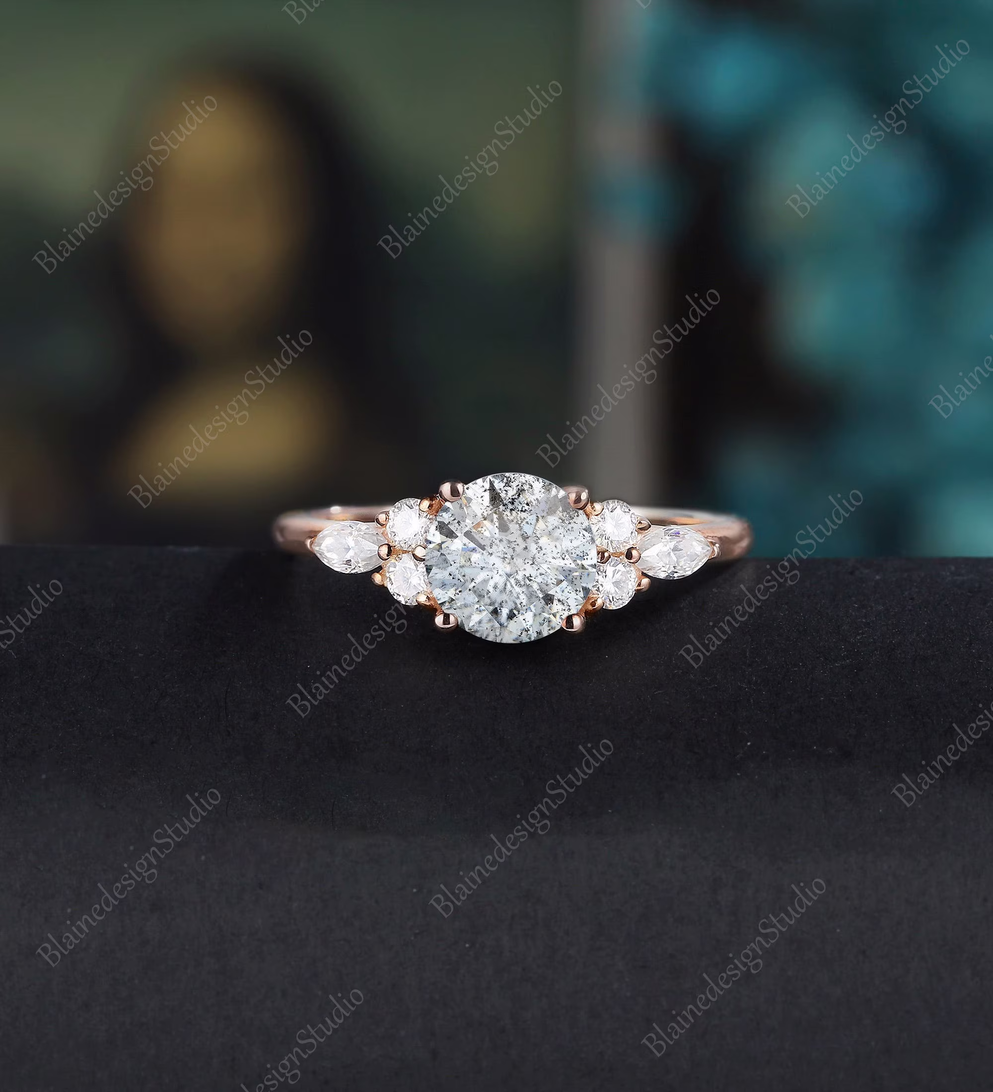 Salt & Pepper Moissanite Engagement Ring Vintage Women Cluster Marquise Cut Leaf Diamond Art Deco Wedding Ring Anniversary Gift For Her