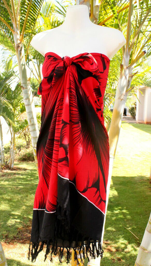 Hawaiian Design Red & Black Giant Hibiscus Flower Sarong Cover-Up Floral Pareo Wrap Skirt Dress