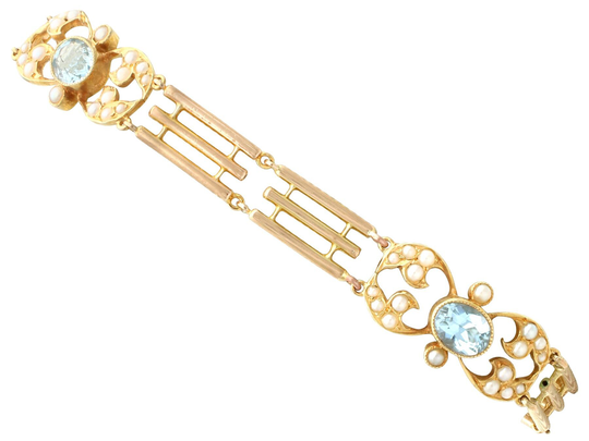 Antique 2.55Ct Aquamarine & Seed Pearl 15K Yellow Gold Gate Bracelet