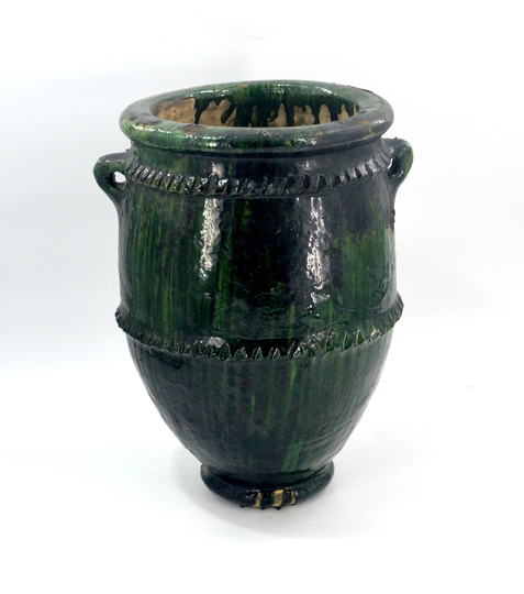 x Large 2 Earrings Glazed Double Rim Moroccan Tamegroute Green Garden Planter/Bowl Pot - H50 Ø35 cm Very Heavy + 12Kg