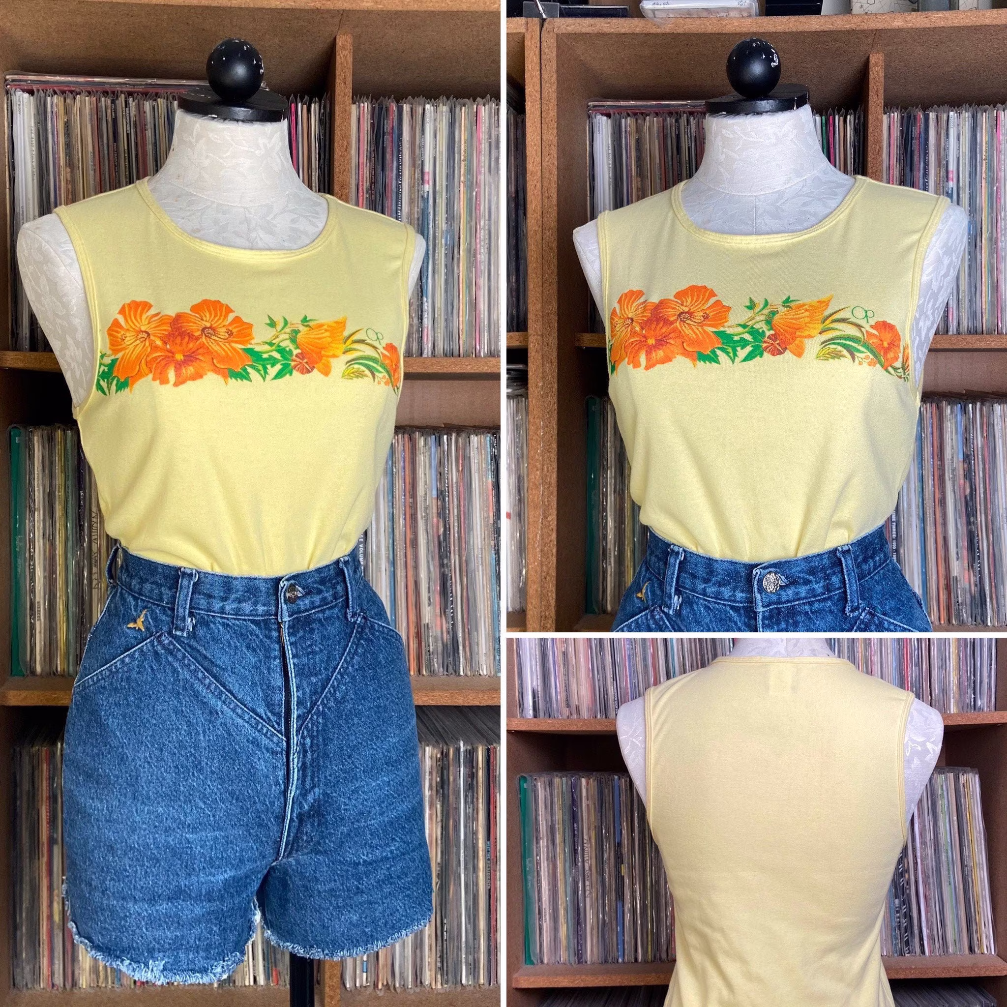 70's 80's Op Ocean Pacific Top - Made in Usa Baby Tee Tank Medium French Cut Sleeveless Floral Hawaiian Hibiscus Graphic