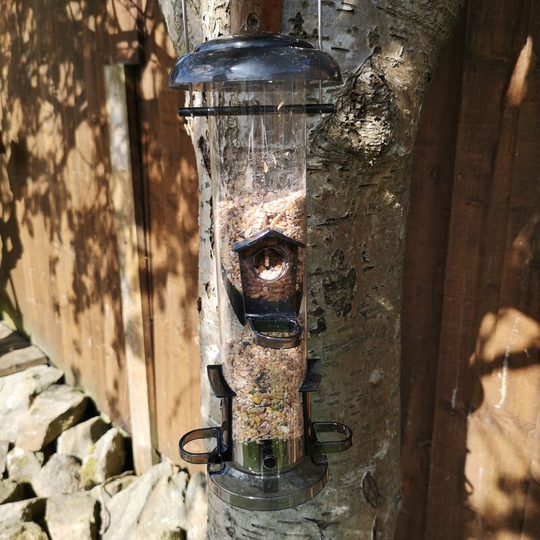 All Seasons 4 Port Garden Wild Bird Hanging Smoked Grey Plastic Seed Feeder - Tom Chambers
