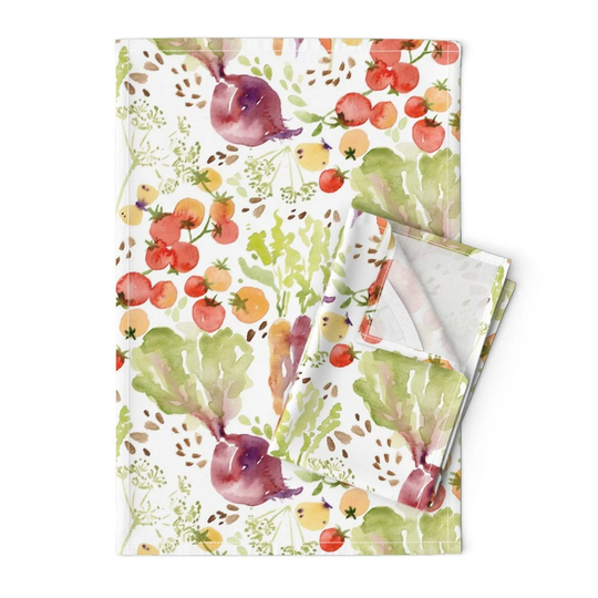 Watercolor Botanical Tea Towels | Set Of 2 - Heirloom Garden By Katrina_Pete_studio Gardening Herbs Linen Cotton Spoonflower
