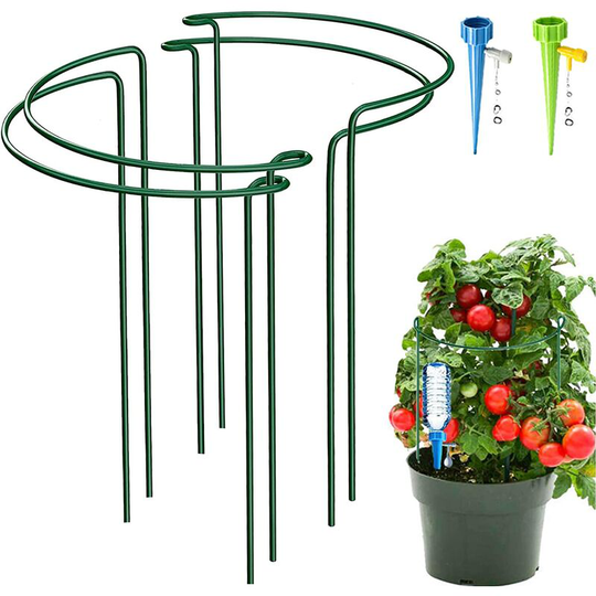 4 Pack Half Round Garden Plant Support Stakes, Arch Type Metal Flower Ring Cage with 2 Self Watering Stakes for Peonies, Hydrangeas, Interconnected