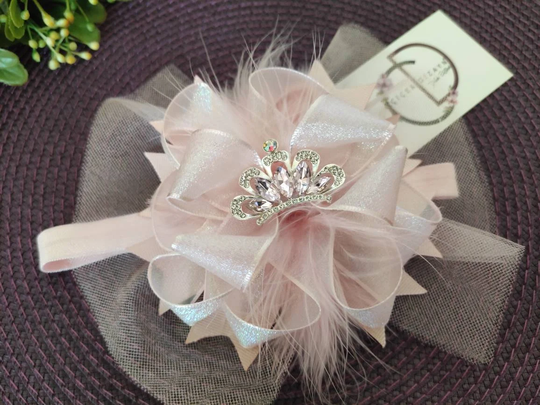 Powder Color Baby Headband, Feather Toddler Hair Bow, Girl Fancy Birthday Headpiece, Gold Crown Clip, Tulle Headbow, Dusty Pink Barette