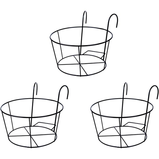 Plant Pot Holder, 3 pcs Metal Round Flower Pot Holder, with Hooks, for Garden Balcony Railings Black