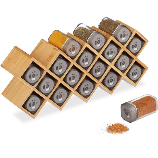 Spice Rack with 18 Spice Jars, Bamboo, Glass, Standing Kitchen Organiser, hwd 18 x 44 x 9.5 cm, Natural - Relaxdays