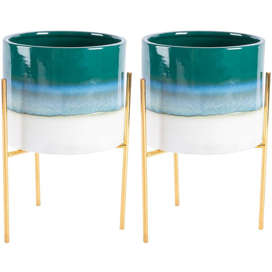 Reactive Glaze Plant Pots on Stands - 19cm - Emerald/Gold - Pack of 2 - Nicola Spring
