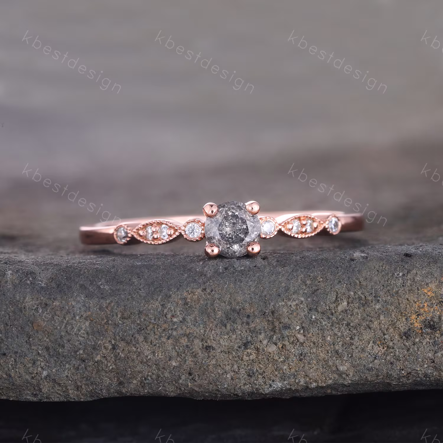 Dainty Salt & Pepper Diamond Engagement Ring Rose Gold Wedding Delicate Art Deco Anniversary