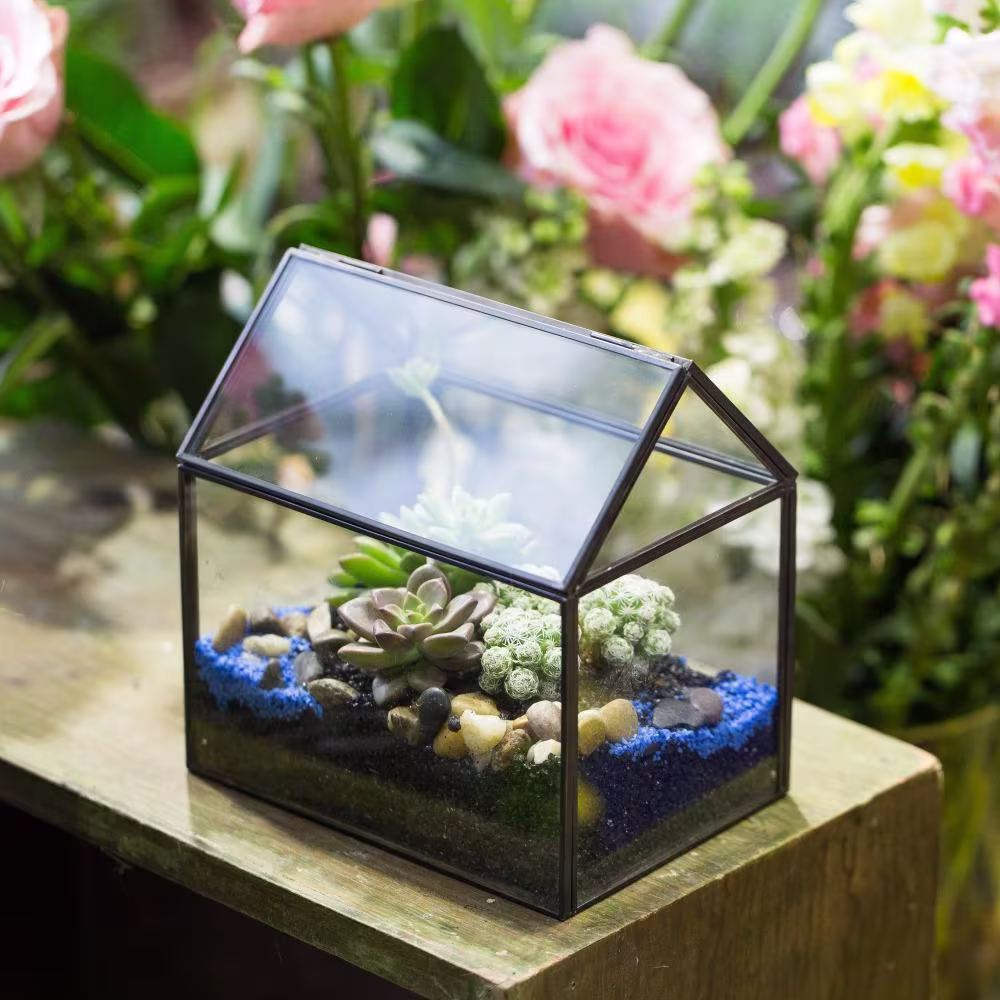 Handmade Black Copper House Shape Glass Geometric Terrarium Planter For Succulent Moss Airplants