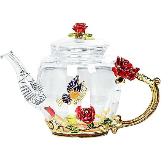 Glass Teapot - 280 ml - France Enamel Rose Flower Butterfly Decoration Heat Resistant Glass Teapot Kettle with Strainer for Blooming Tea Loose Leaf
