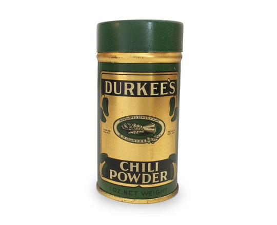 Vintage Spice Tin, Durkee's Chili Powder Can, General Store Advertising Tins, Red Metal Rustic Decor, Farmhouse Kitchen, Antique Food Tins