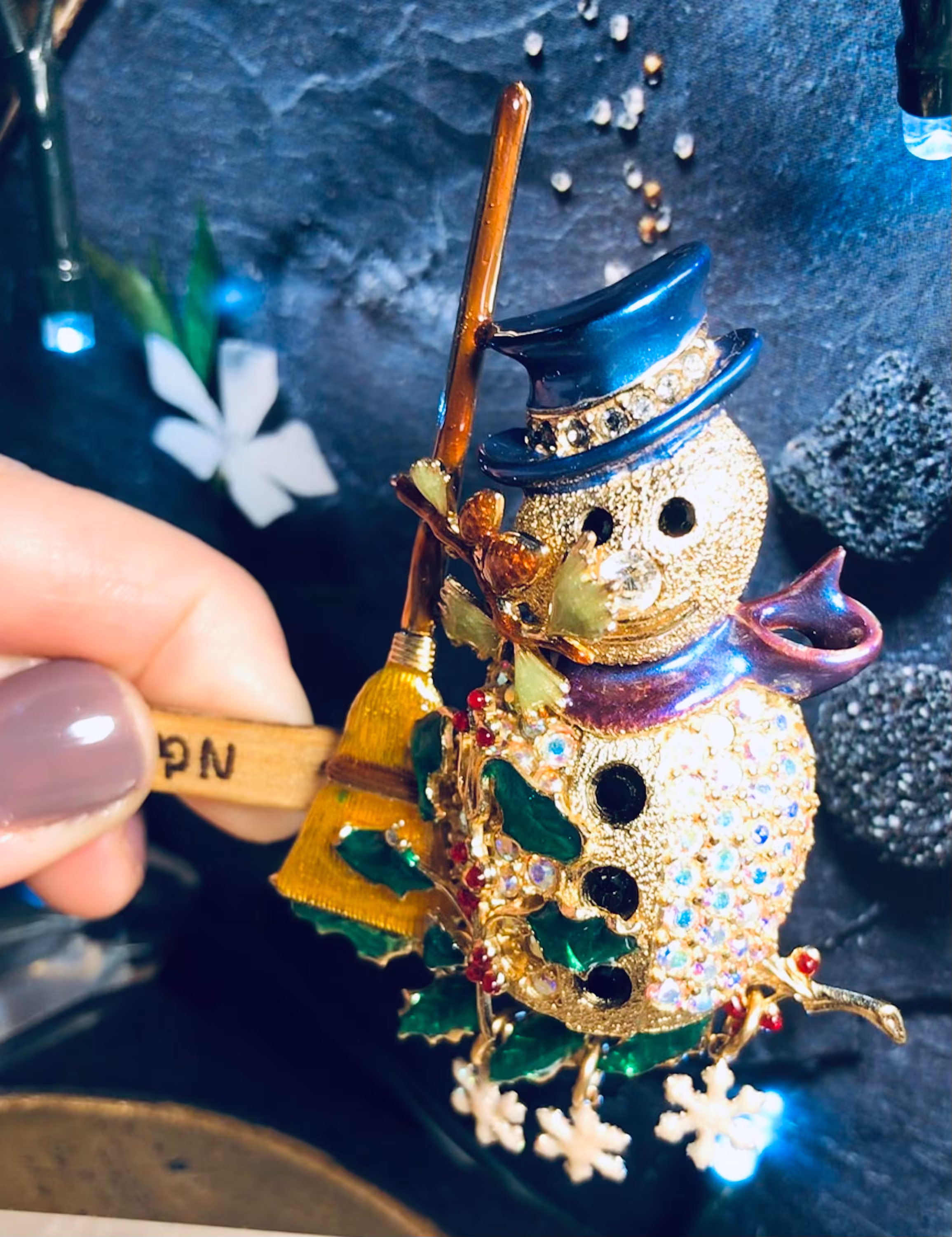 Vintage Kirks Folly Man For All Seasons, Snowman Brooch, Rare, Retired, Snowflakes, Holly & Broom, Christmas, Xmas