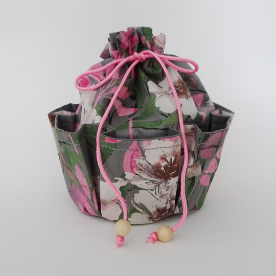 Make-Up & Accessory Travel Organizer Bag, Cosmetic Gift For Her, Pink Floral Fabric Bucket Bag With Outer Pockets