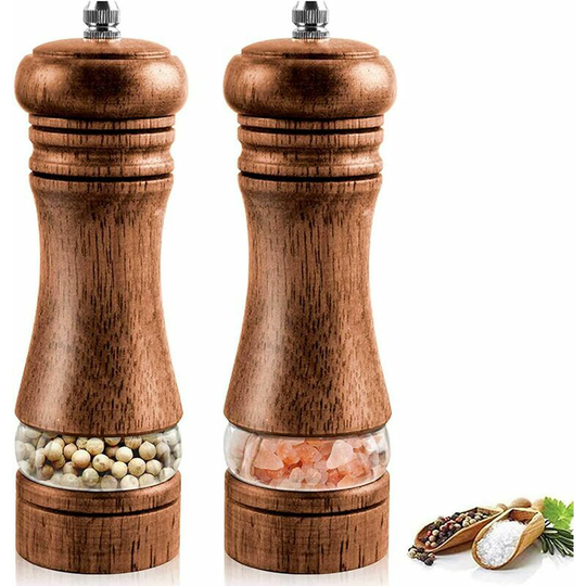 Set of 2 salt and pepper grinders, wooden salt and pepper grinder, manual salt and pepper grinder, adjustable ceramic spice grinder, salt and pepper
