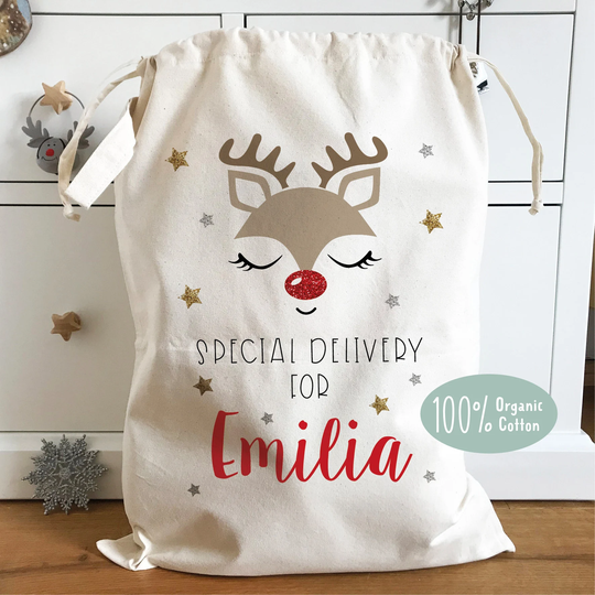 Personalised Christmas Sack, 100% Organic Natural Cotton, Reindeer Gift, Santa Heavy Duty Linen, 46x60cm, 60x76cm