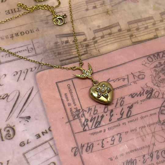 Victorian 9Ct Swallow Seed Pearl & Heart Necklace