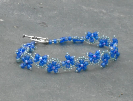 Forget Me Not Band Bracelet, Czech Seed Bead in Frosted Blue, Aqua, Cobalt & Lavender Lined Seed Beads, UK Seller