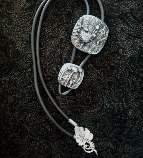 Imprinted Field Herbs Pendant, Silver Tone Enchanted Jewelry, Long Boho Necklace