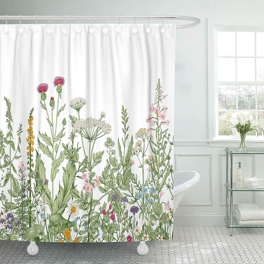 Pesce - Shower Curtain Vintage Floral Border Herbs and Wild Flowers Botanical Engraving Style Colorful Field Vegetation Waterproof Polyester Fabric