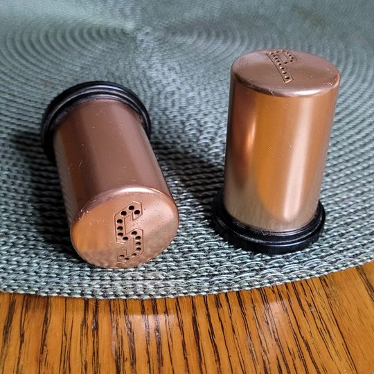 Mid Century Copper Salt & Pepper Shakers Color Black Plastic Bottom Mcm Retro Kitchen Spice