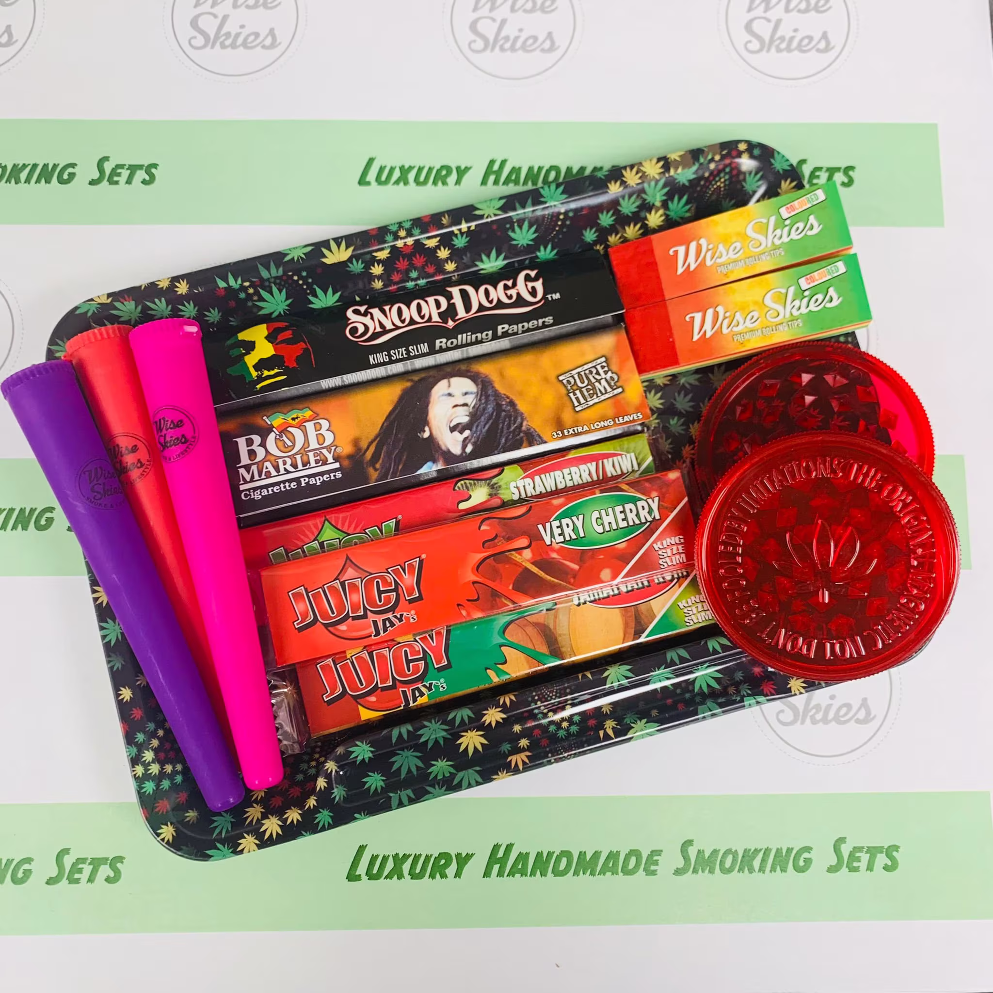 Rasta Coloured Rolling Tray Set Leaf Snoop Dogg Papers Grinder Doob Tubes