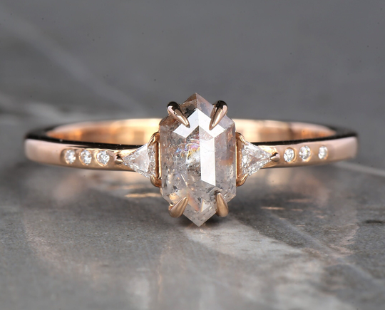 Salt & Pepper Diamond Ring Shield Engagement 14K Rose Gold Gift For Her